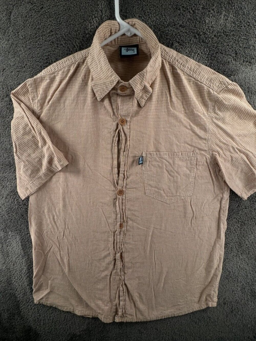 Stussy Beige Check Button Up Shirt Short Sleeve Men Polyester Cotton Blend Med